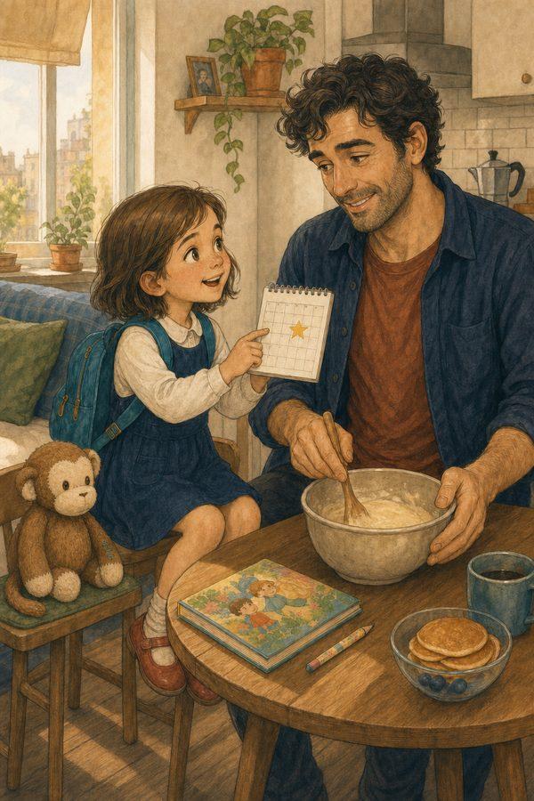 Clara verbringt mit Papa einen warmen, humorvollen Pfannkuchenmoment.