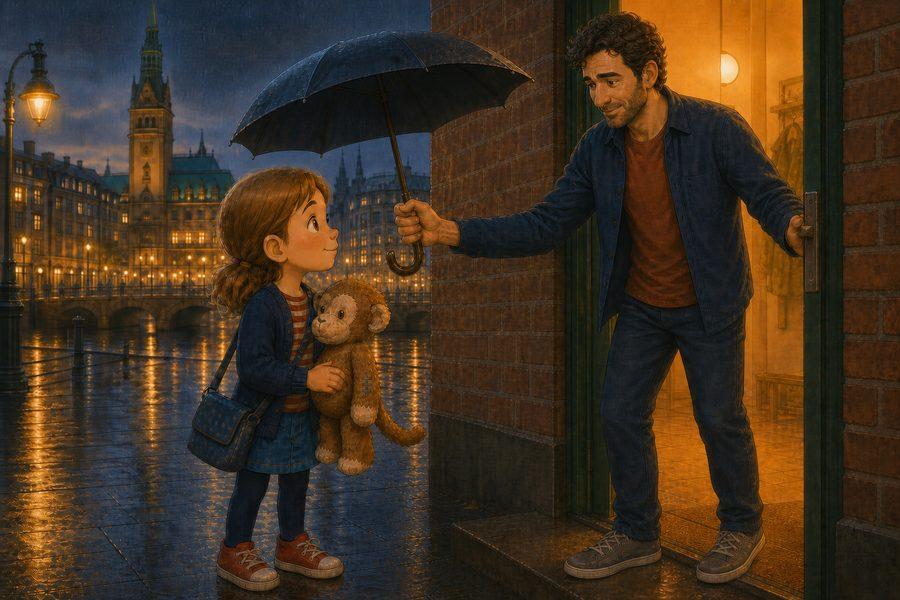 Clara steht im Regen vor Papas Tür und hält Äffchen fest.