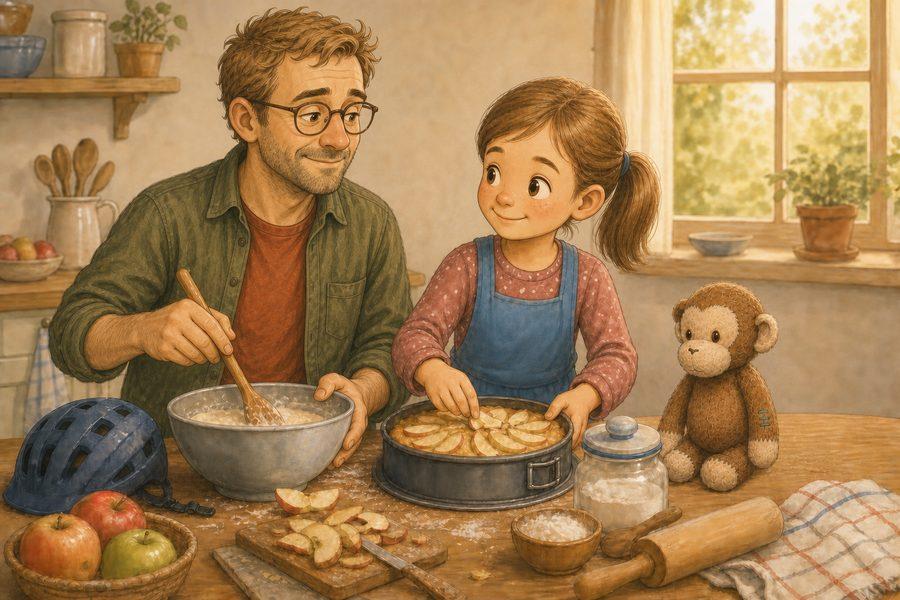 Clara und Sven backen gemeinsam, während Äffchen zusieht.