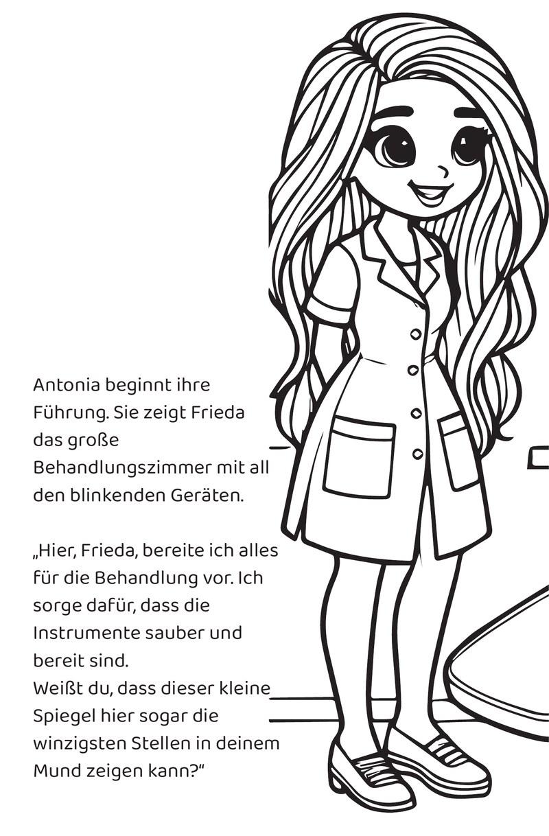 Antonia begrüßt Frieda vor der Zahnarztpraxis.